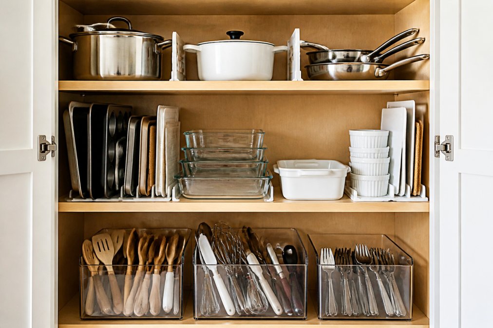 Open kitchen cabinet with organized categories of cookware, bakeware, and utensils neatly arranged in separate zones with clear dividers and labels visible on shelves