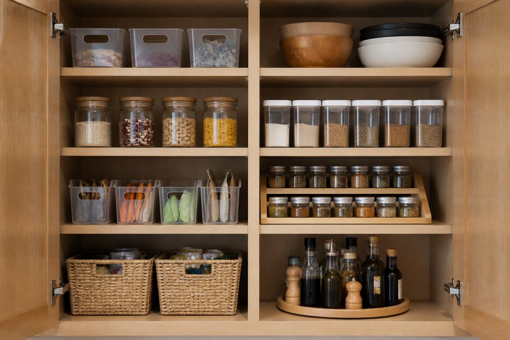 Interior of a well-organized cabinet with stackable bins, adjustable shelves, and items placed at eye level for easy accessibility, showing efficient use of vertical space and clear organization zones