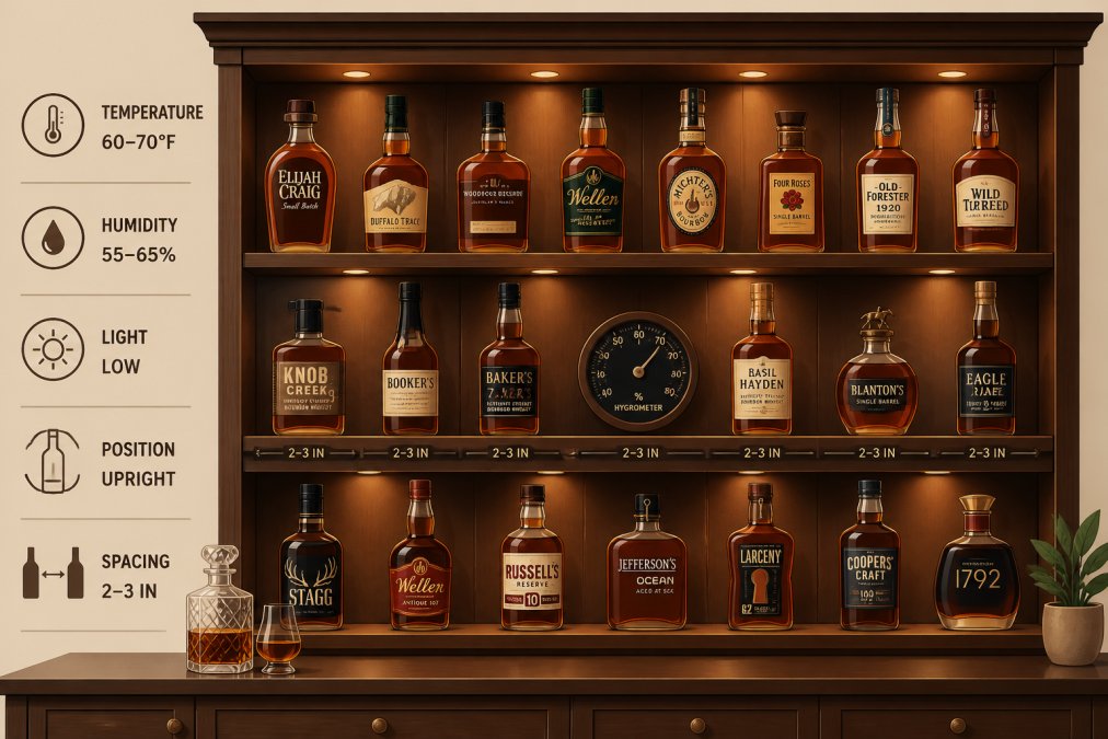 Well-organized bourbon collection displayed on wooden shelving in a home bar setting, with bottles arranged upright in rows, amber and warm lighting highlighting the labels and glass, a hygrometer visible on one shelf, and organized spacing between bottles