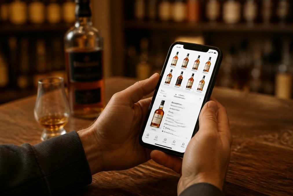 Close-up of hands holding a smartphone displaying a bourbon collection app interface with bottle details, tasting notes, inventory status, and collection value visible on the screen, with a bourbon bottle and tasting glass blurred in the background