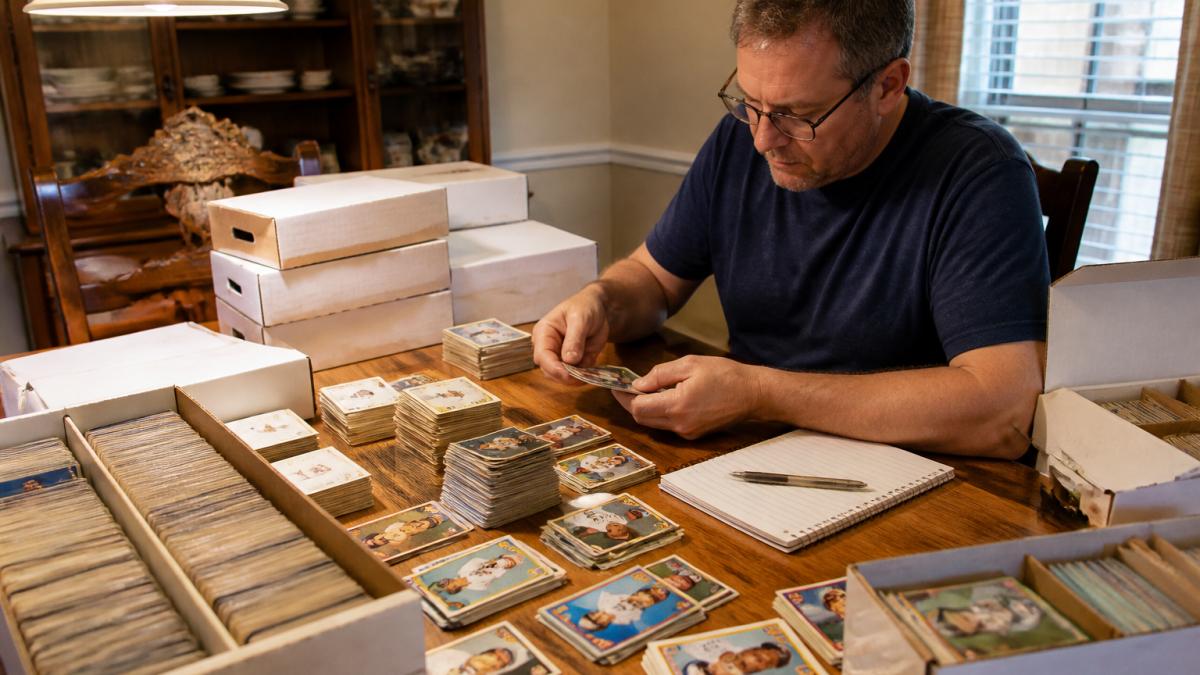 A collector seated at a table covered in stacks of vintage baseball cards, cardboard storage boxes, and a notebook, sorting cards into piles under warm lamp light