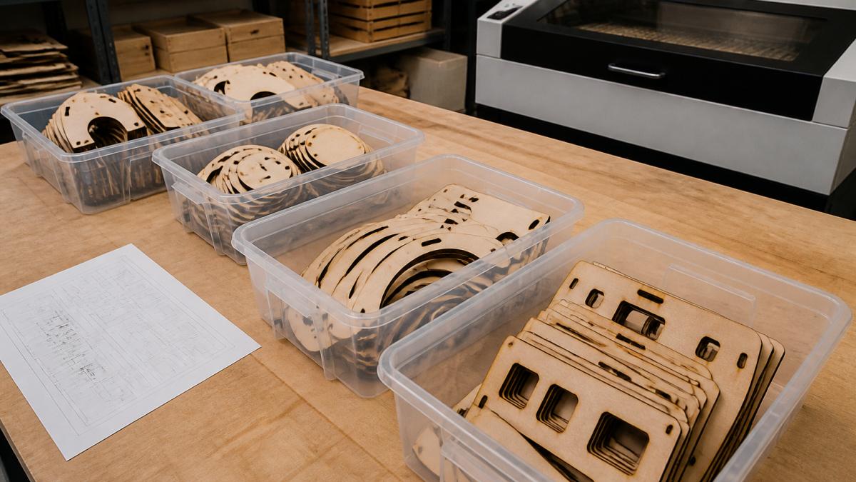 Overhead view of a workshop bench with laser-cut wooden parts sorted into labeled bins by order, a printed job traveler sheet beside them, and a small laser cutter in the background