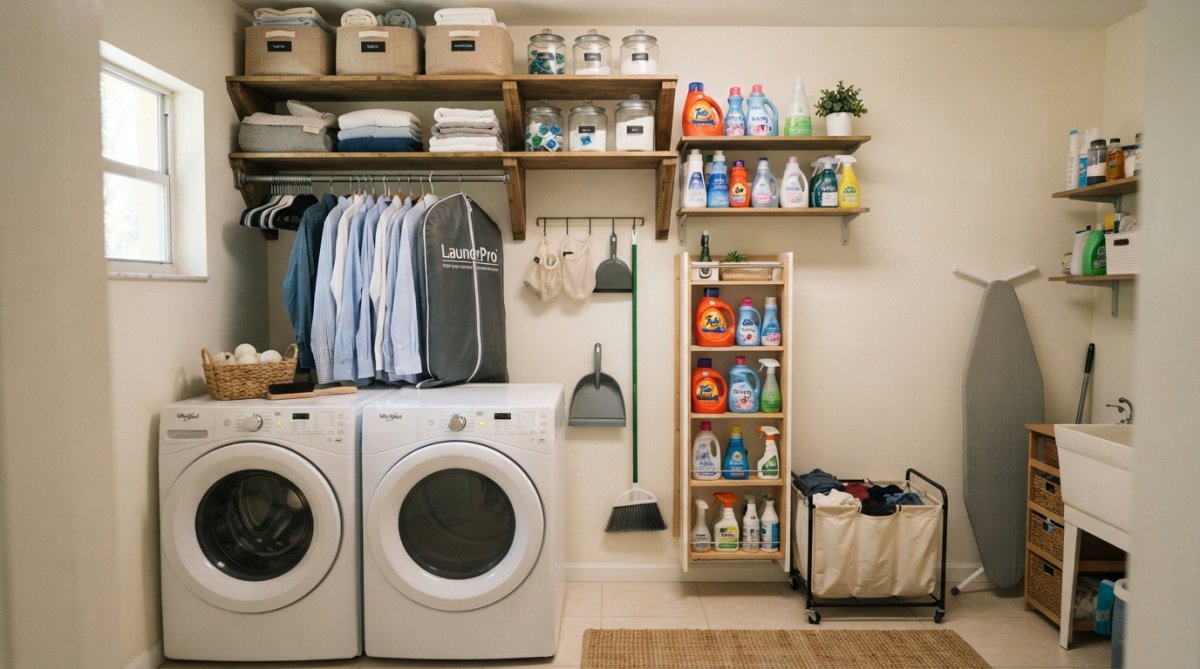Compact laundry room with wall-mounted shelves above washer and dryer, pegboard with hanging supplies, and rolling cart underneath for storage