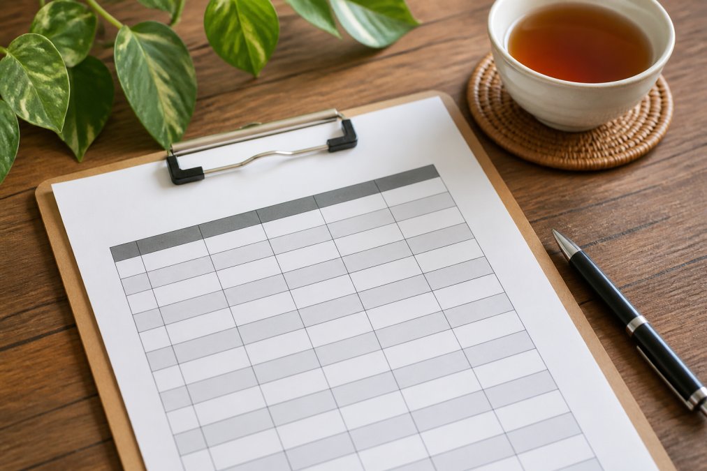 Printable rotation schedule template for organizing mahjong club meetings on a wooden table with tea