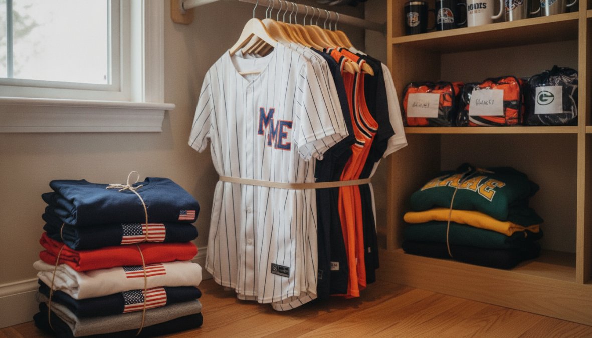 Family of four with matching outfit sets neatly organized and displayed in a closet, showing color-coordinated bundles hanging together with clear visual separation between different outfit categories