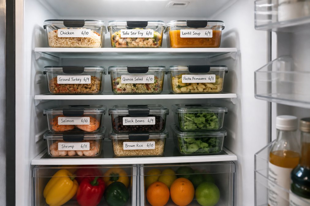 Close-up of organized meal prep containers on refrigerator shelves with clear labels showing dates and contents, demonstrating proper arrangement with temperature zones visible