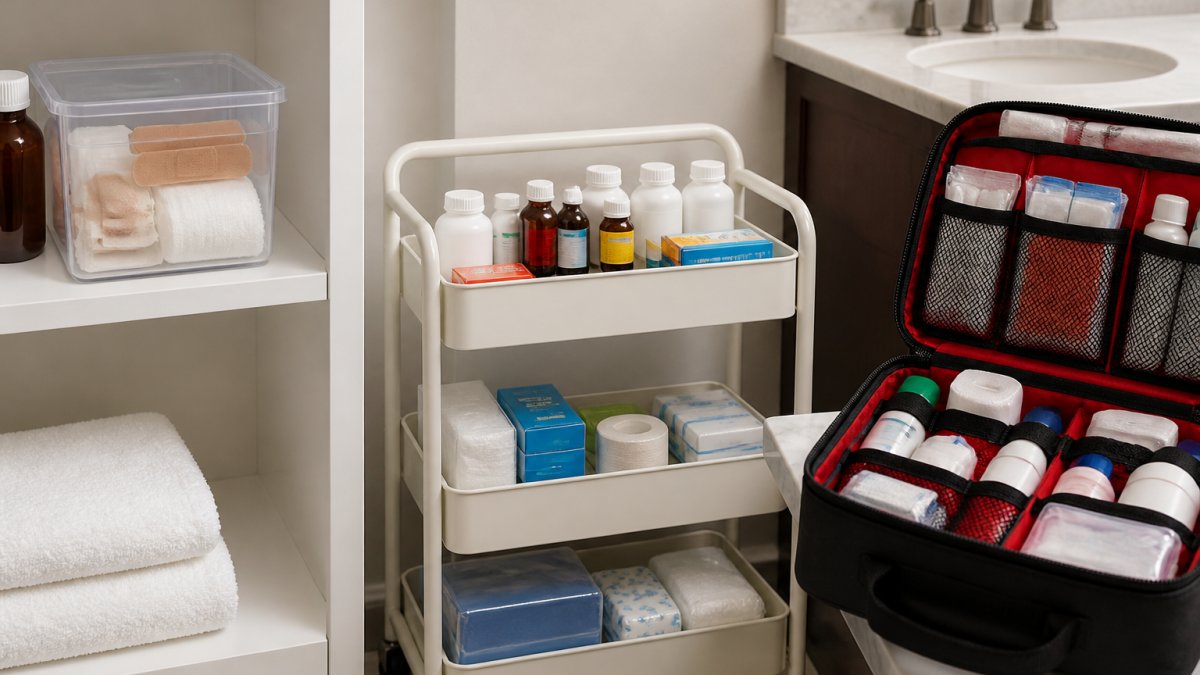 Clear labeled bins, medicine bottles on a rolling cart, and a compact first aid kit stored on a bathroom shelf.