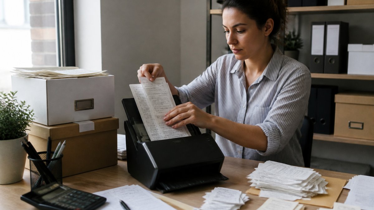 Small business owner scanning a stack of paper receipts and invoices into a document scanner at a desk with organized filing boxes nearby