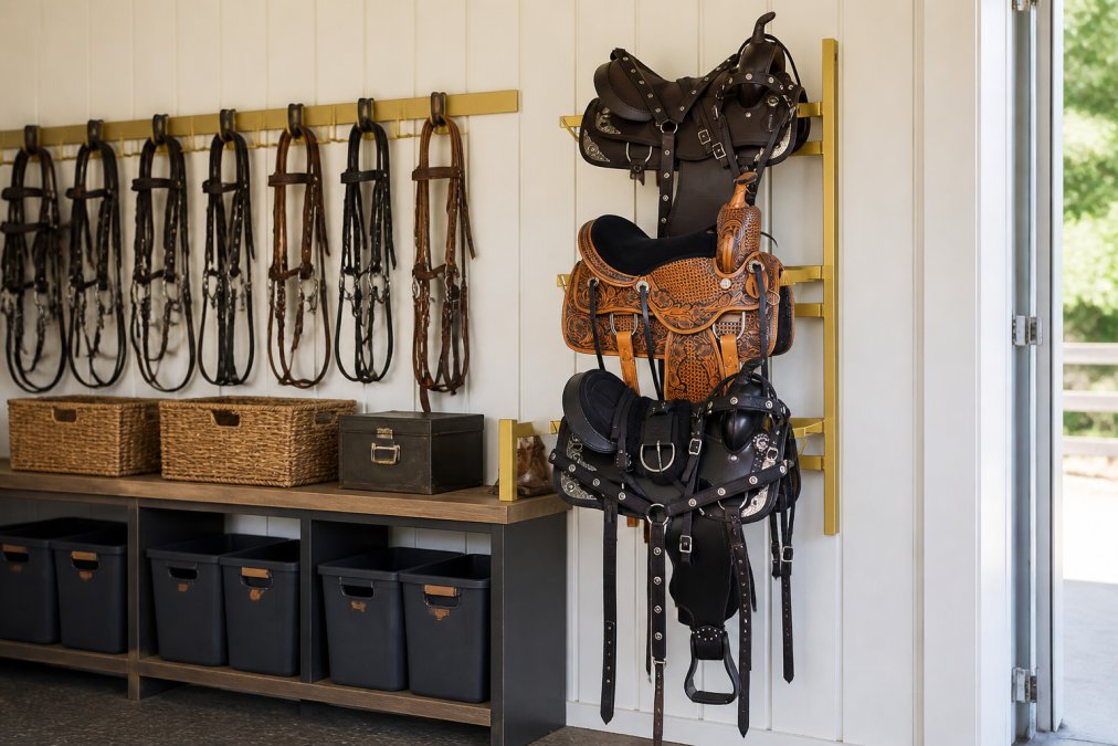 Well-organized tack room with wall-mounted saddle racks displaying English and Western saddles, bridle hooks with multiple bridles hanging neatly, and labeled storage bins on shelves below, showing a clean space with natural lighting