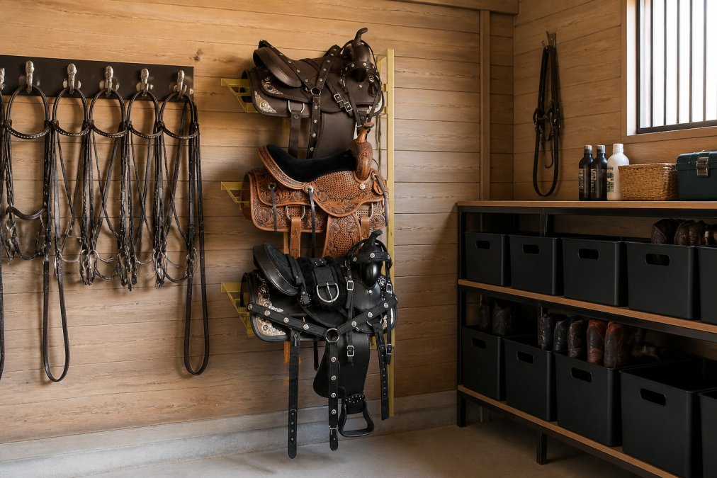 Professional illustration showing how to organize messy tack rooms