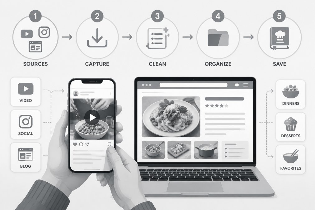 Diagram illustrating a workflow to organize online recipes by capturing content from social media and blogs.