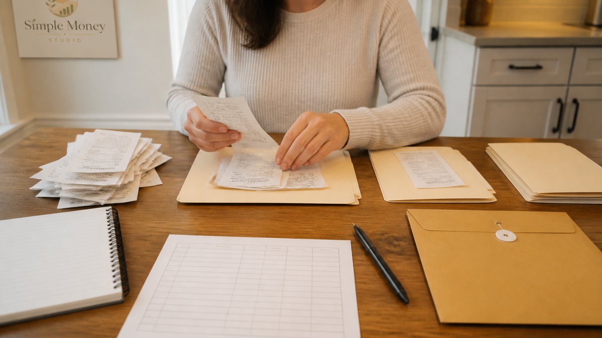 Step-by-step diagram illustrating how to organize paper receipts into labeled folders and a tracking log