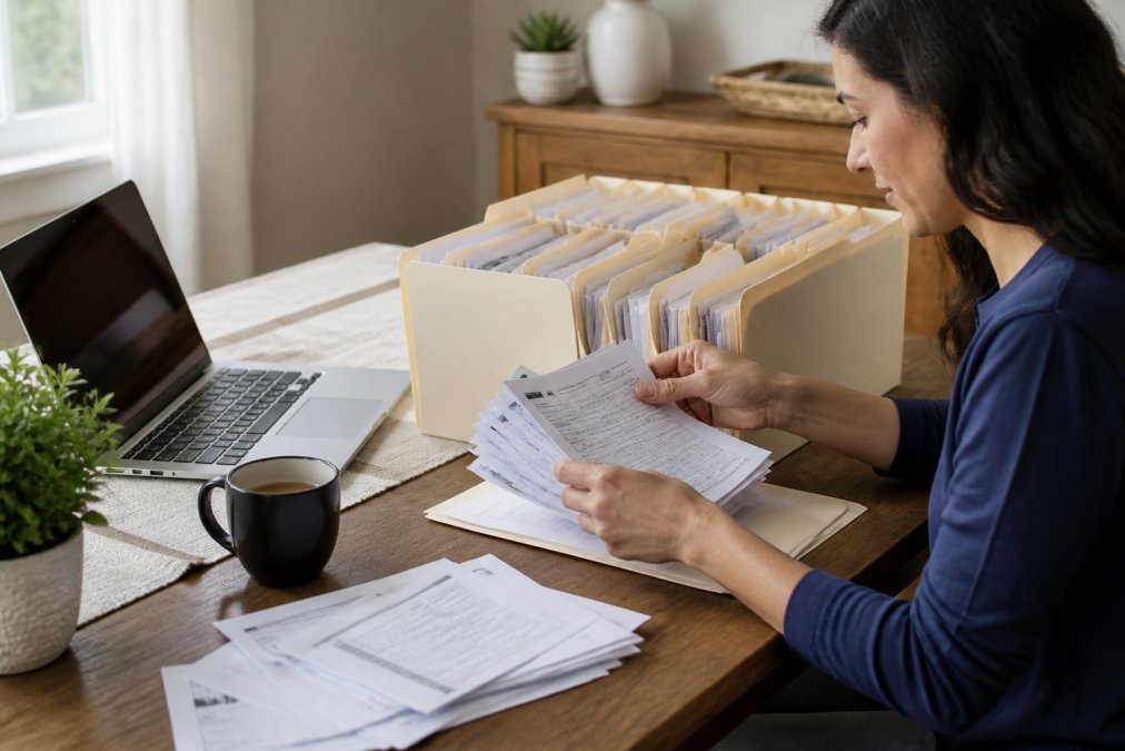 Process infographic showing how to organize personal financial documents by sorting paper bills into labeled folders.