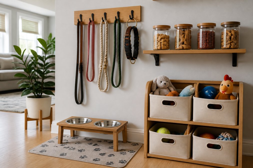 A well-organized corner of a bright living room featuring a labeled pet feeding station with elevated bowls on a placement mat, leash hooks mounted on the wall holding organized collars and leashes, labeled storage bins for toys stacked on a low shelf, and treat containers neatly arranged on a wooden shelf with clear labeling