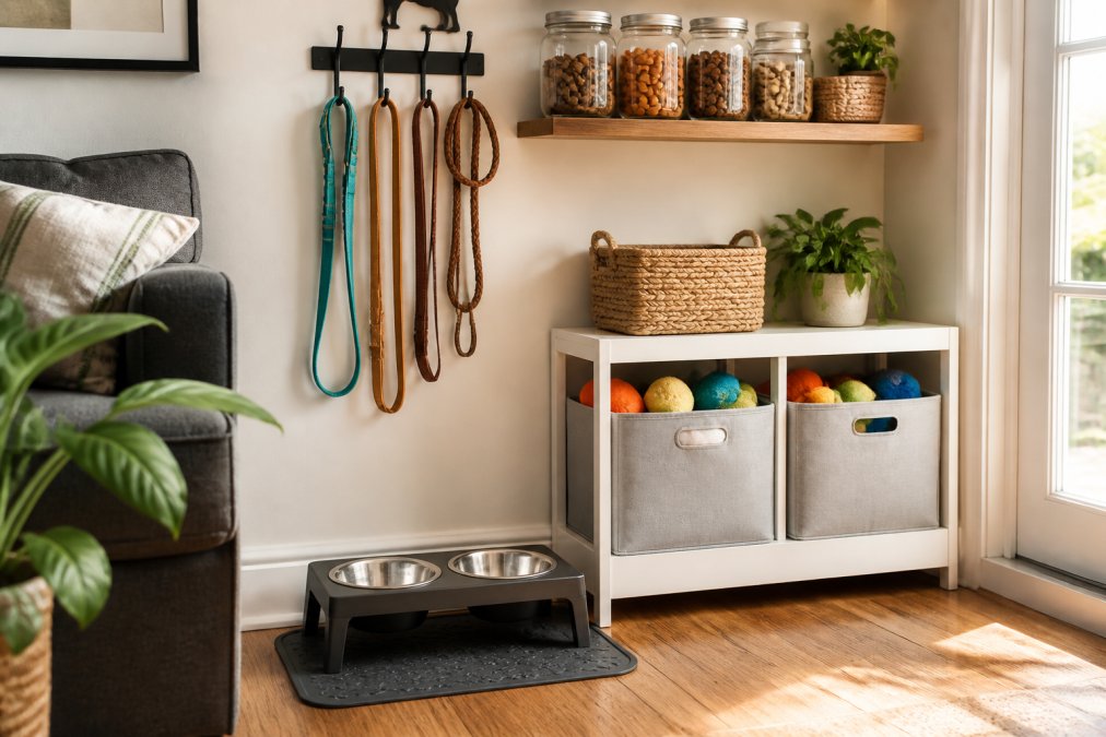 Professional illustration showing labeled and shelf and well-organized concepts for organize pet supplies