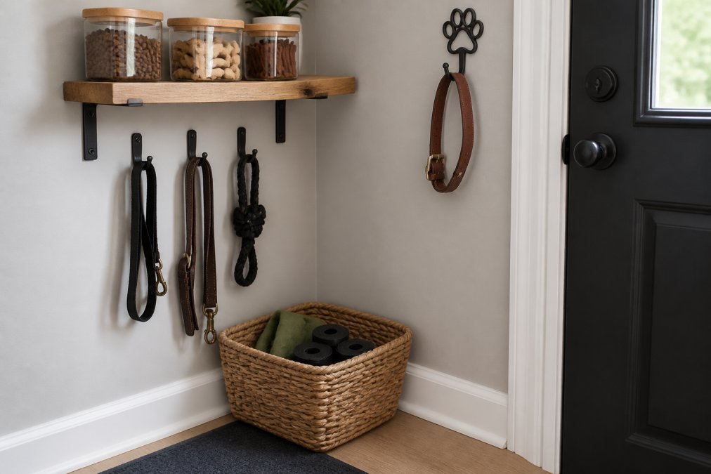 Entryway wall with leash hooks, labeled treat jars on a wooden shelf, and a basket for waste bags.