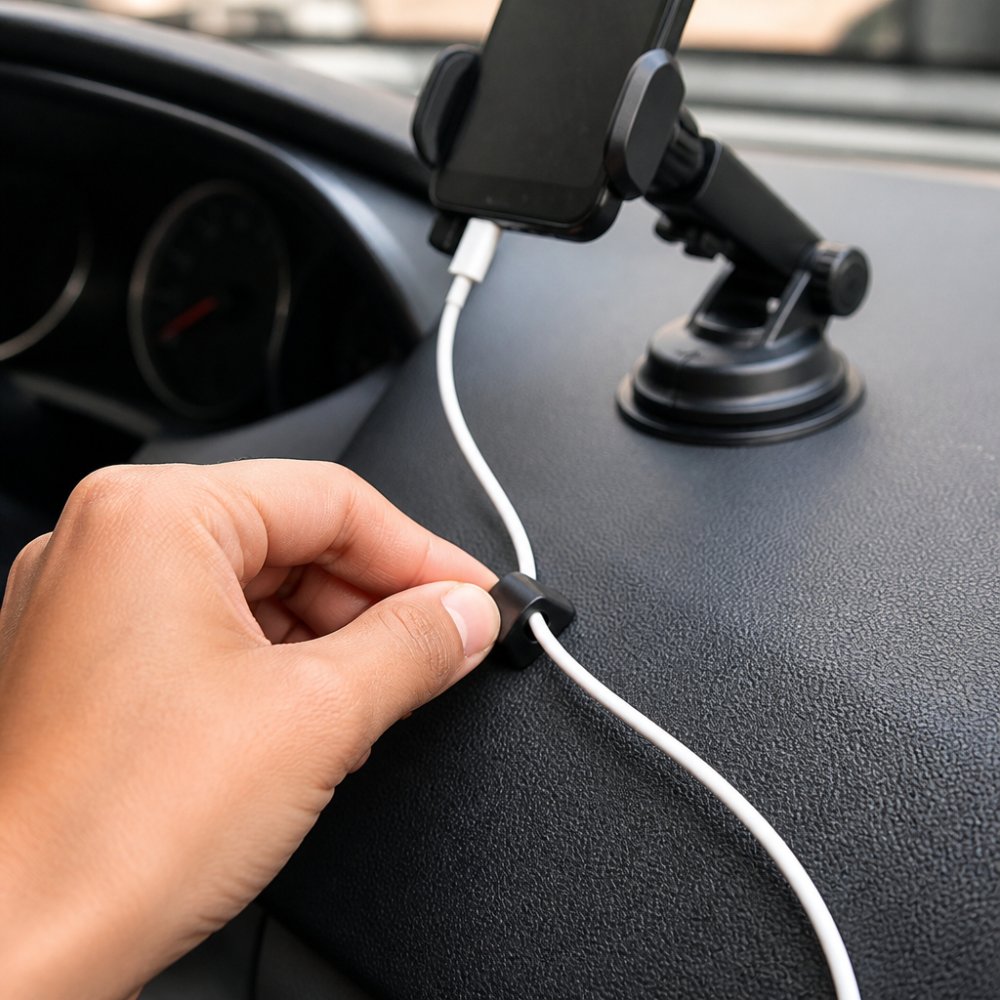 Close-up of a hand pressing a small adhesive cable clip onto a clean car dashboard, with a white charging cable snapped into the clip and running toward a phone mount in the background