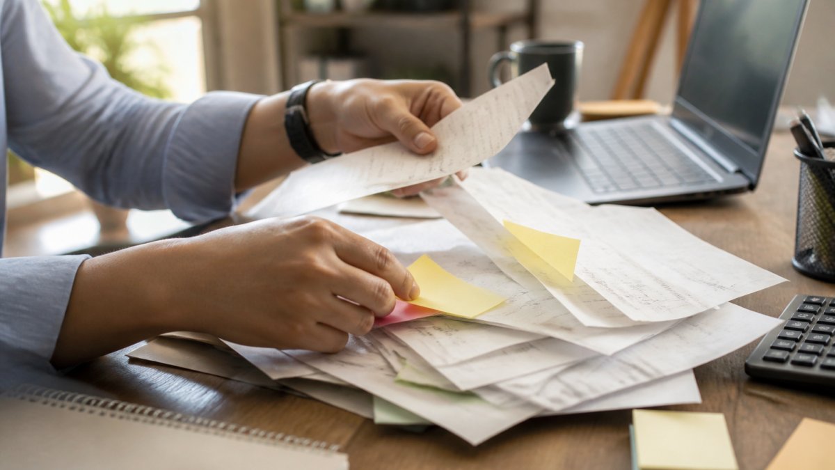 Professional hands organizing paper receipts and sticky notes on a desk next to an open laptop displaying a spreadsheet with expense data