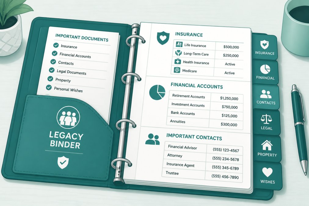 Well-organized legacy binder open on a table with labeled tabs, insurance documents, contact information sheets, and financial account summaries clearly visible inside, natural office lighting