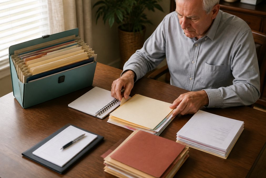 Overhead view of a retiree organizing financial documents on a desk, with accordion files, folders, a notebook, and sorted stacks of papers demonstrating the sorting and categorization process, natural afternoon lighting
