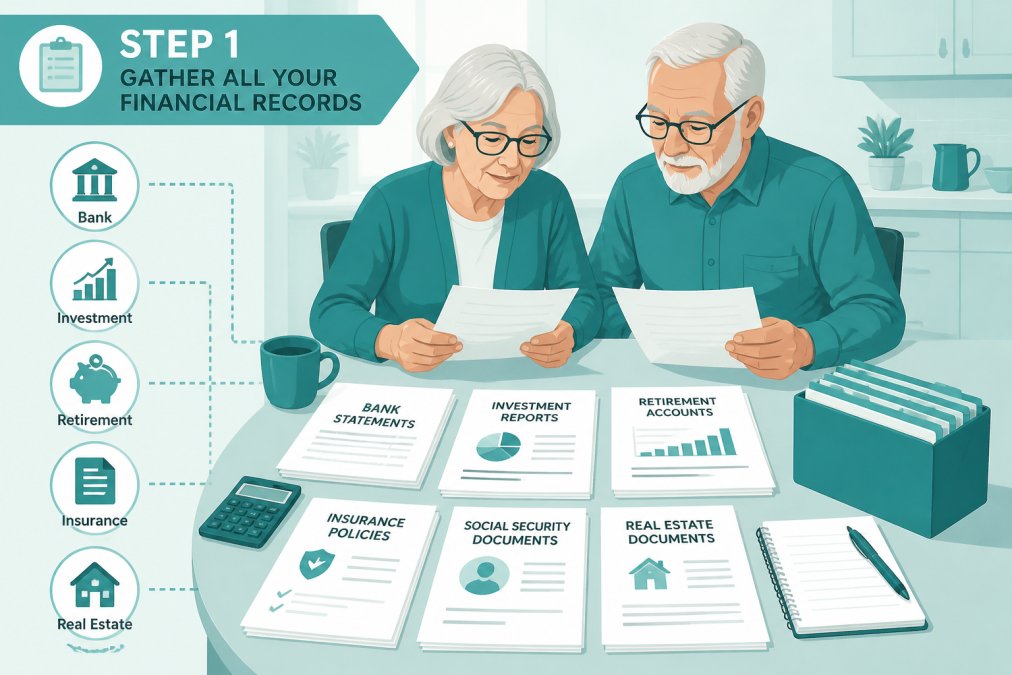 Older adult couple sitting at a kitchen table with financial documents, bank statements, and folders spread out, reviewing paperwork together with a notepad and pen