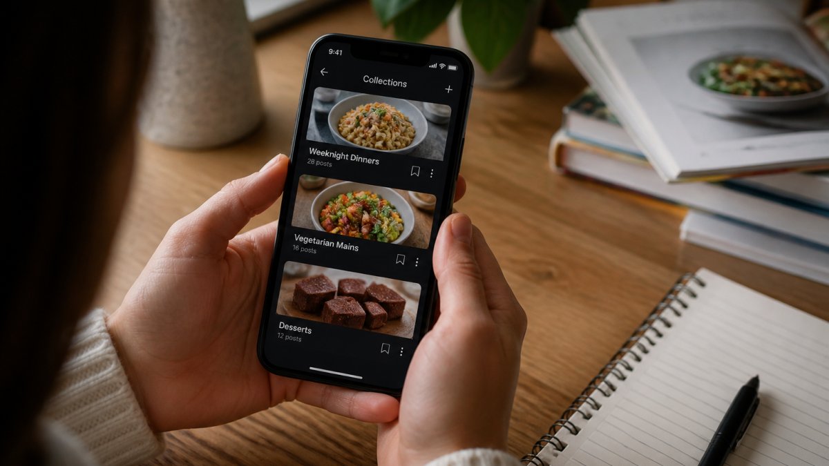 Person's hands holding a smartphone displaying Instagram's Collections interface with recipe posts organized into labeled folders like 'Weeknight Dinners', 'Vegetarian Mains', and 'Desserts'
