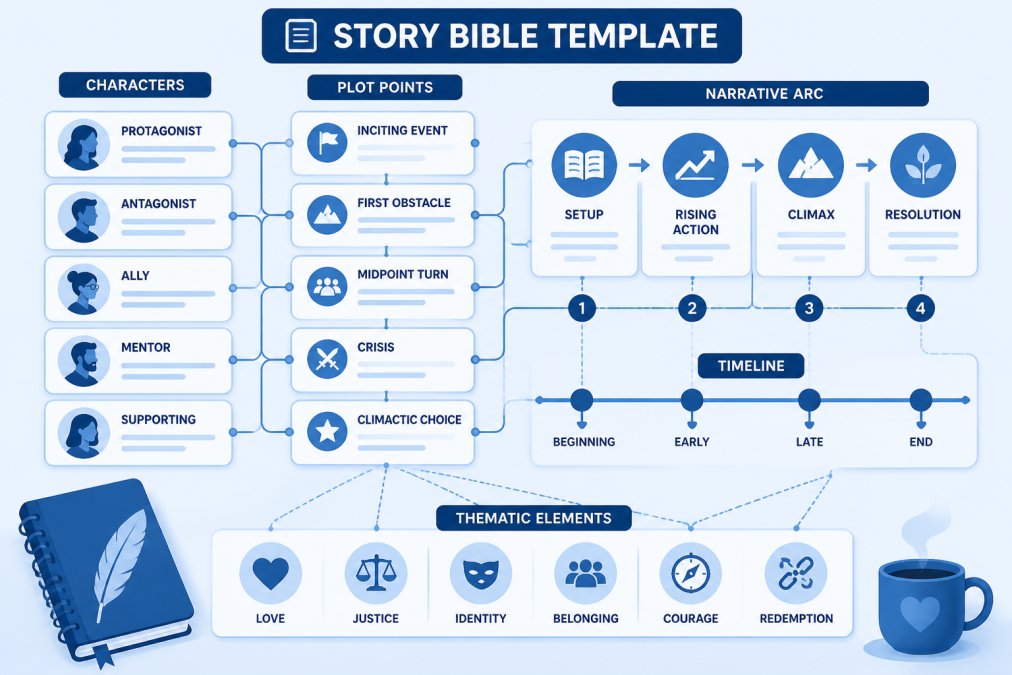 Diagram showing a story bible structure with interconnected elements: character names and profiles connected to plot points, which link to narrative arc stages (setup, rising action, climax, resolution), with timeline markers and thematic elements branching throughout