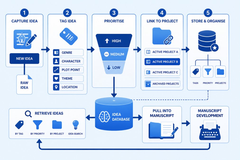 Flowchart showing the idea organisation workflow: captured idea enters system, gets assigned tags (genre, character, plot point, theme, location), sorted by priority level (high/medium/low), then linked to active writing project, with retrieval arrows showing how writers pull ideas back into manuscript development