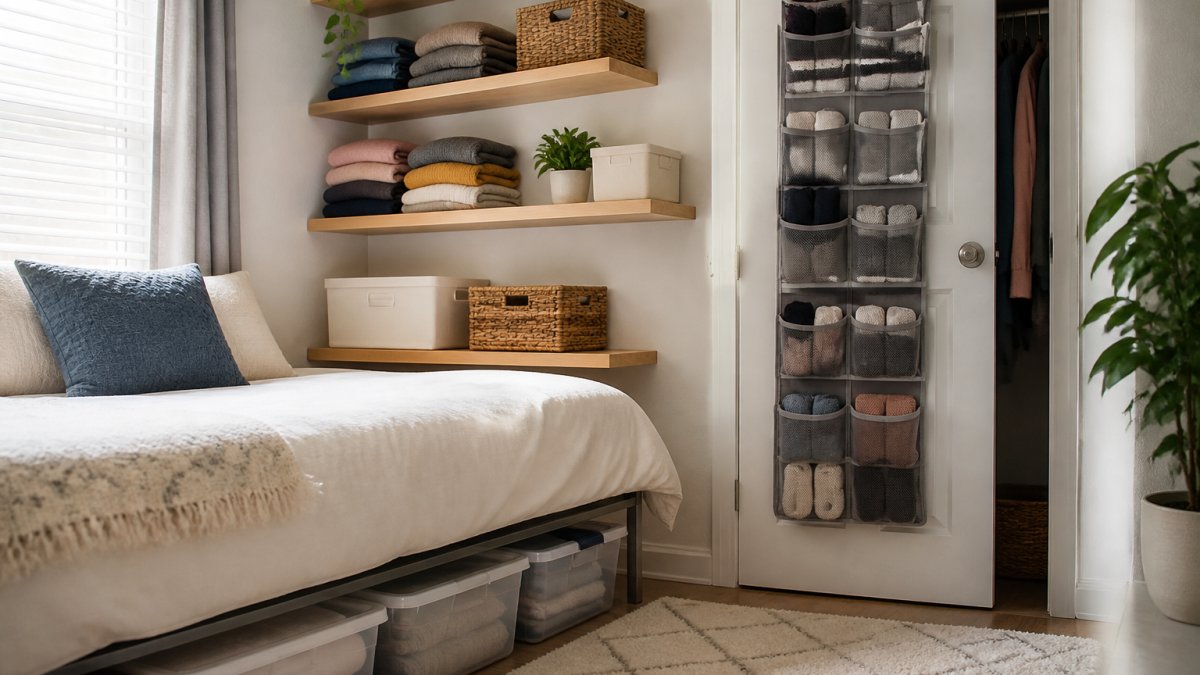 Well-organized small bedroom corner with wall-mounted floating shelves holding neatly folded clothes and storage boxes, over-the-door organizer on closet door, and visible under-bed storage containers in natural daylight