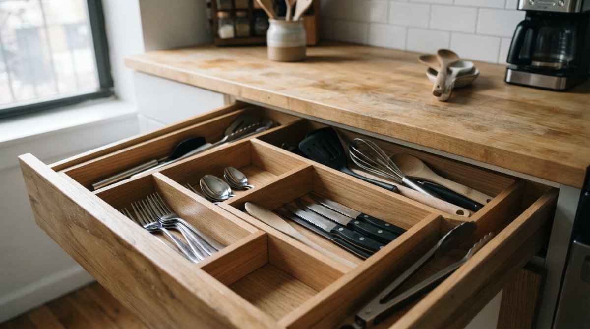 Close-up of an organized small kitchen drawer with dividers separating utensils, cooking tools, and small appliances neatly arranged in separate compartments