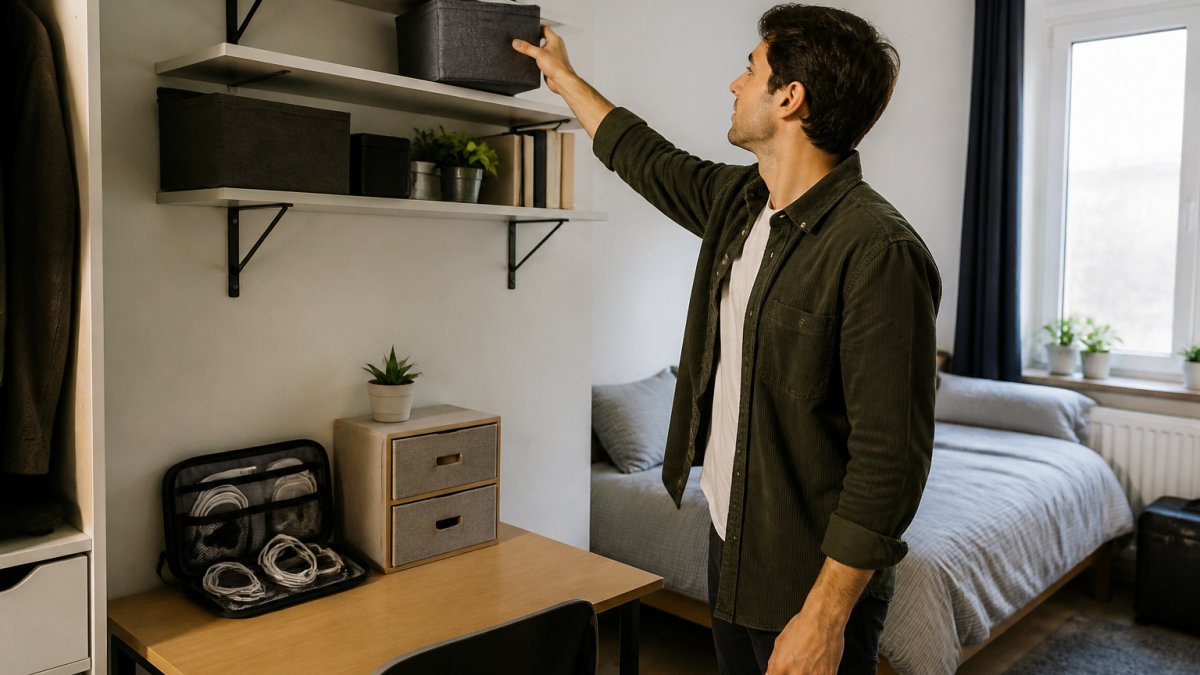 Young professional reaching for a storage box on a wall shelf in a tidy studio flat with desk organizers