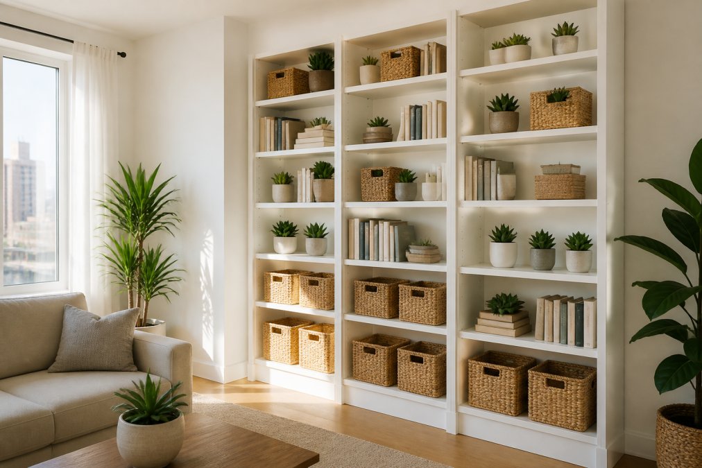 A bright, tidy apartment living room with tall white open shelving units mounted against a white wall, holding neatly arranged woven storage bins, paperback books, and small potted succulents, photographed in warm afternoon light
