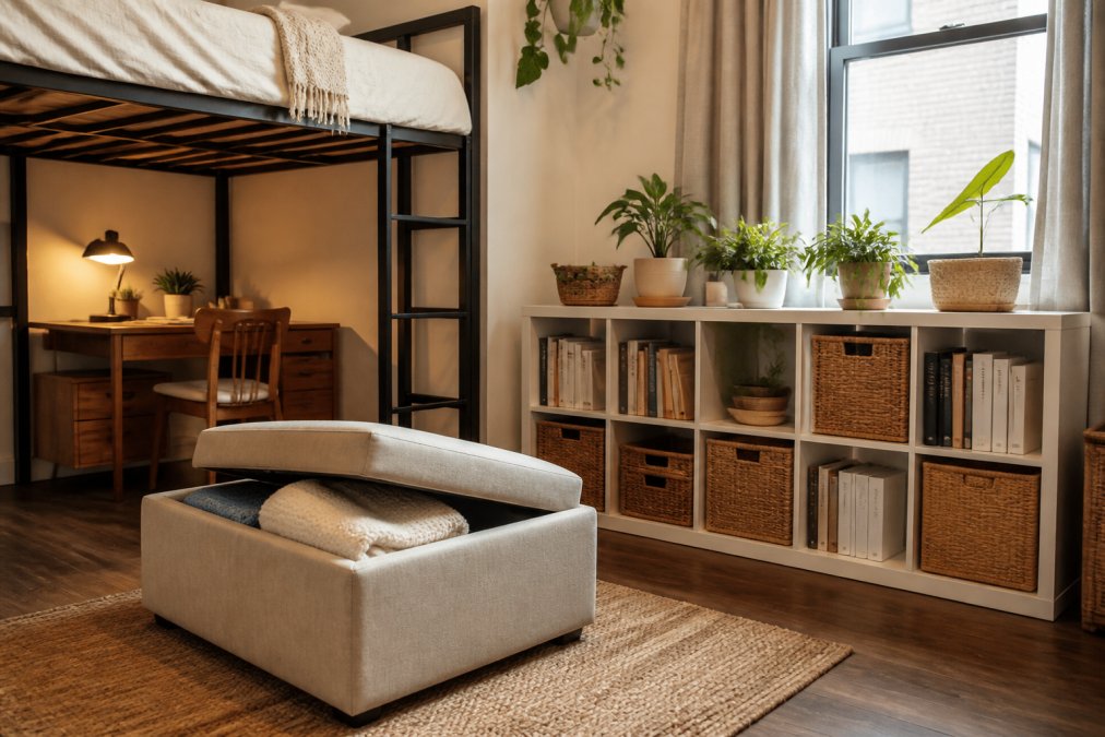 A compact studio apartment interior with a large upholstered storage ottoman serving as a coffee table, a loft bed with a small wooden desk and chair tucked underneath, and white modular cube shelving against the wall, styled in a clean minimalist palette with warm lighting