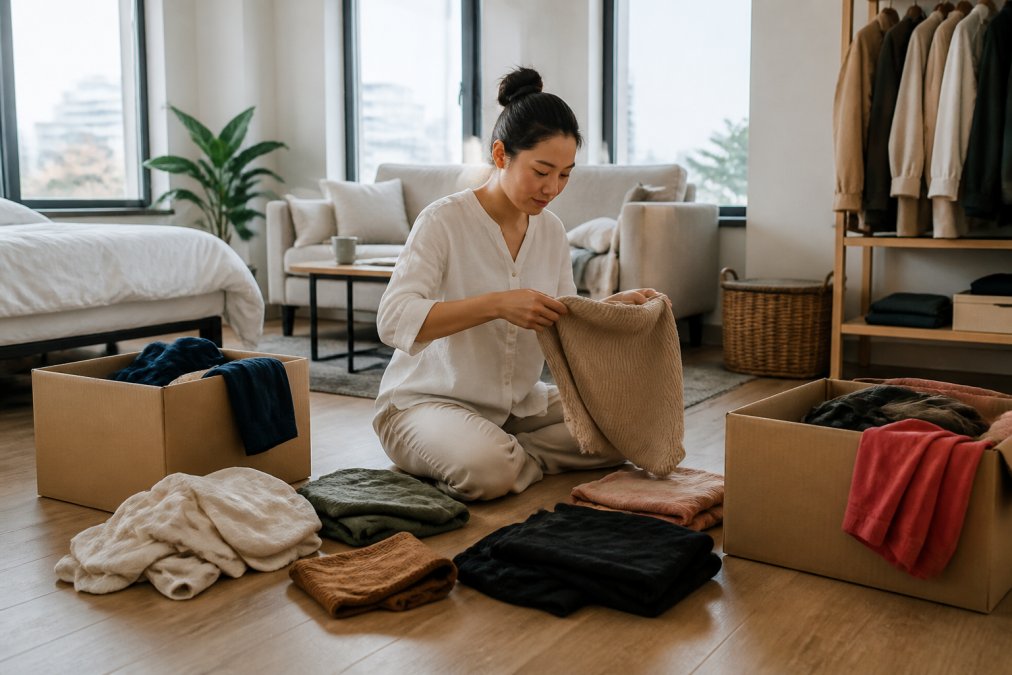 Person systematically sorting clothing and household items into labeled piles (keep, donate, discard) in a bright studio apartment with natural window light