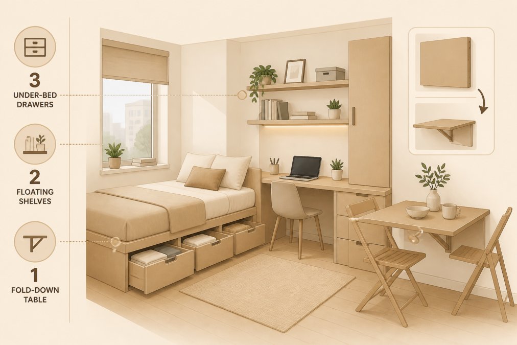 Compact studio apartment interior showing a platform bed with built-in storage drawers, wall-mounted floating shelves above a desk, and a small dining table that folds down, with natural light from a single window