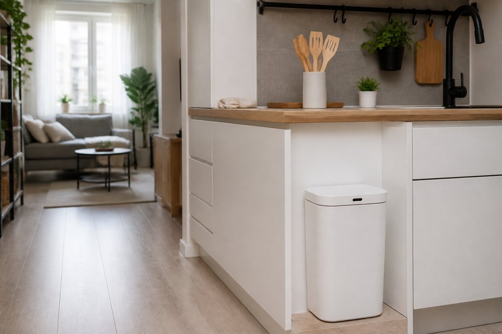 A compact kitchen counter in a small apartment with a sleek white sensor trash bin, neatly arranged utensils, and a small plant, bright natural light from a window
