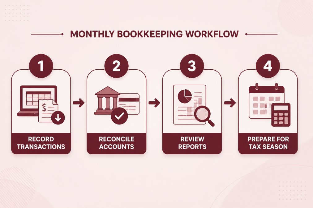 Flowchart showing the monthly bookkeeping workflow: Record transactions → Reconcile accounts → Review reports → Prepare for tax season