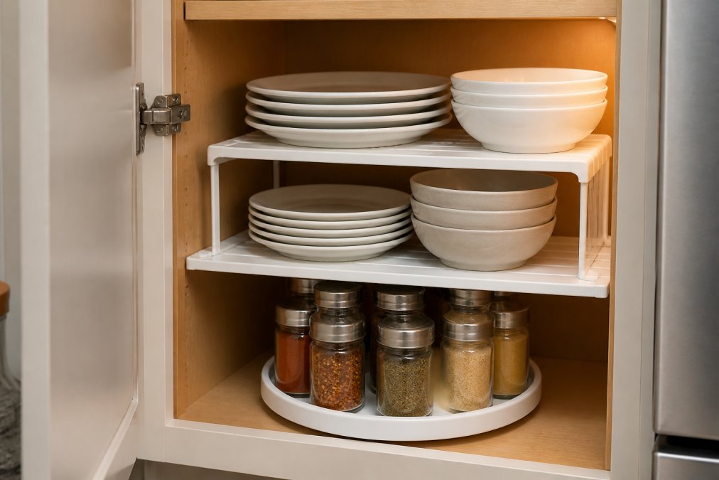 Inside view of a small kitchen cabinet with white shelf risers stacked neatly, holding ceramic plates and bowls on the upper tier and a spinning turntable on the lower shelf holding labeled spice jars, photographed under warm under-cabinet lighting
