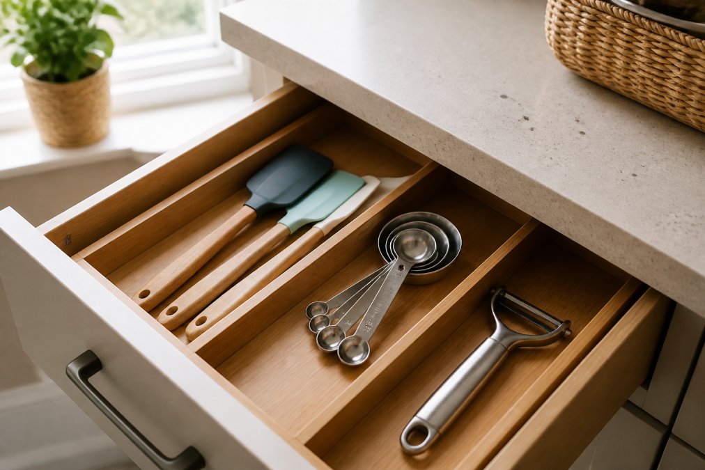 Close-up of an open kitchen drawer with natural bamboo dividers neatly separating silicone spatulas, measuring spoons, and a vegetable peeler in a tidy arrangement, photographed in warm natural light from a nearby window