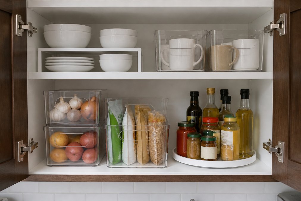 A neatly organized open kitchen cabinet showing wire shelf risers, clear stackable bins, a spinning lazy susan, and labeled containers arranged on white shelves in a bright, modern small kitchen with natural light coming through a nearby window