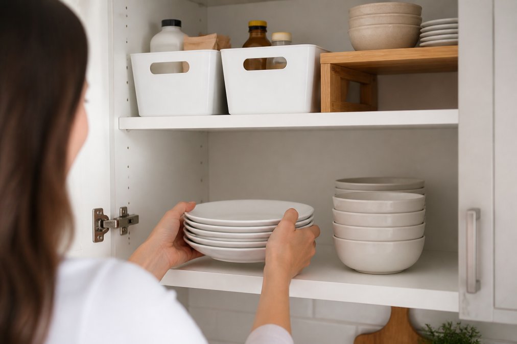 A person placing a stack of white plates onto a lower shelf in a bright, organized kitchen cabinet, with clear labeled bins and a bamboo riser visible on the shelf above