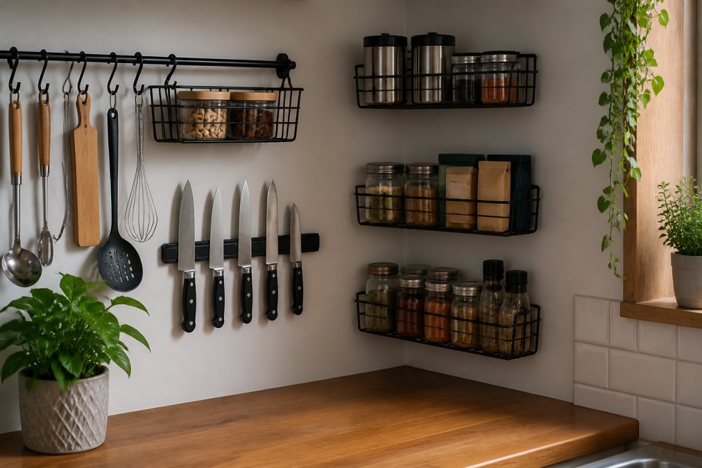 Compact kitchen counter with wall-mounted organizers holding cooking utensils, a magnetic knife strip, and small baskets for tea and spices, demonstrating vertical storage solutions