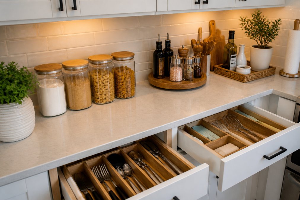 Small kitchen counter organized with matching storage canisters, a rotating lazy susan holding spices and cooking essentials, drawer dividers visible in open drawers, and tray-based organization showing maximum vertical and horizontal efficiency