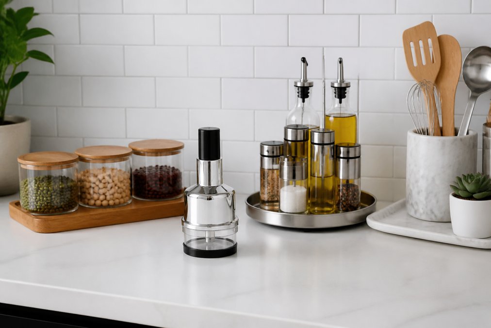 Neatly organized small kitchen counter with matching glass storage canisters arranged on a wooden tray, a stainless steel turntable holding oils and condiments, and a marble tray grouping cooking utensils together, showing minimalist aesthetic with clean lines and functional arrangement against a white subway tile backsplash