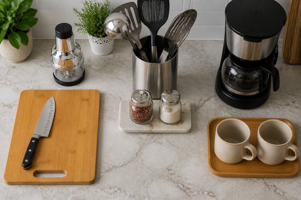 Overhead view of a small kitchen counter divided into distinct functional zones: a prep area with a wooden cutting board and chef's knife on the left, a cooking zone with a stainless steel utensil holder and small jar of frequently used seasonings in the center, and a beverage station with a coffee maker and matching mugs on the right, demonstrating ergonomic workflow organization with clean lines and organized placement