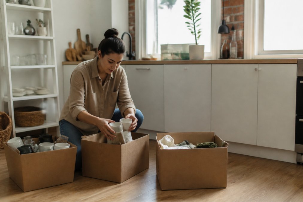 A person in a small apartment kitchen sorting items from their countertop into three cardboard boxes on the floor, with a mostly cleared counter behind them and natural daylight coming through a window