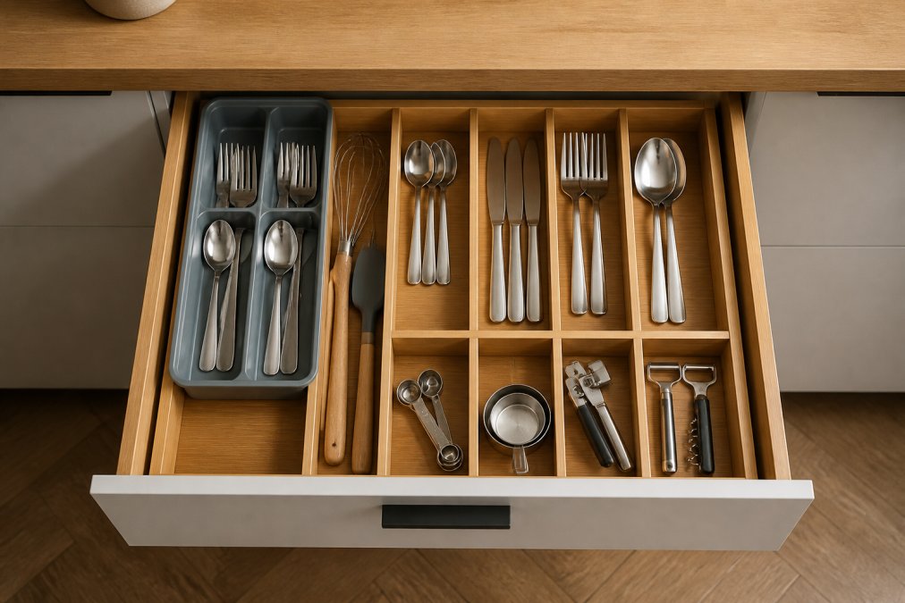 Overhead shot of an open kitchen drawer neatly organized with bamboo dividers, a utensil tray, and small compartments holding cutlery, measuring spoons, and cooking tools on a light wooden surface