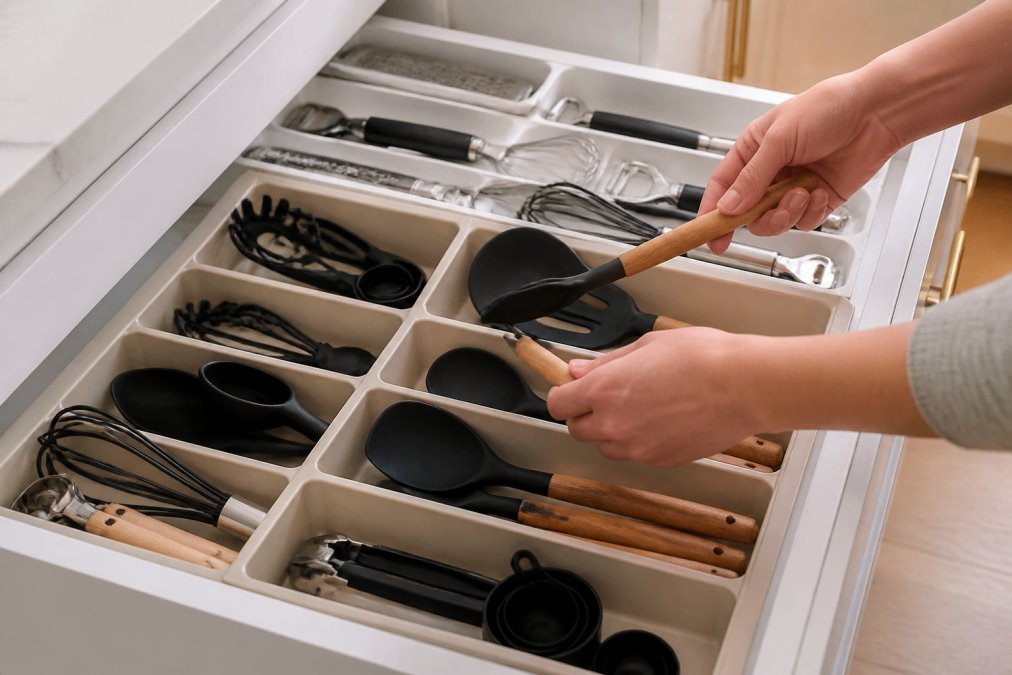 Close-up of hands placing silicone cooking utensils into a segmented drawer organizer tray inside a white kitchen cabinet drawer, with other sorted utensils visible nearby, warm kitchen lighting