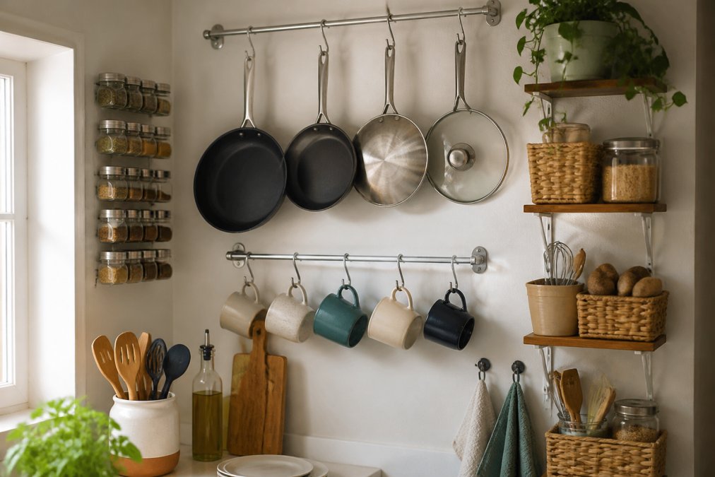 Close-up of a small kitchen wall with tension rods holding pans, adhesive hooks displaying mugs, and organized vertical storage with stackable containers