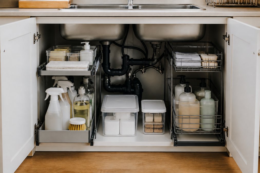 Close-up of an organized under-sink cabinet with pull-out drawer organizers, shelf dividers, and waterproof storage containers neatly arranged around visible drain pipes and supply lines